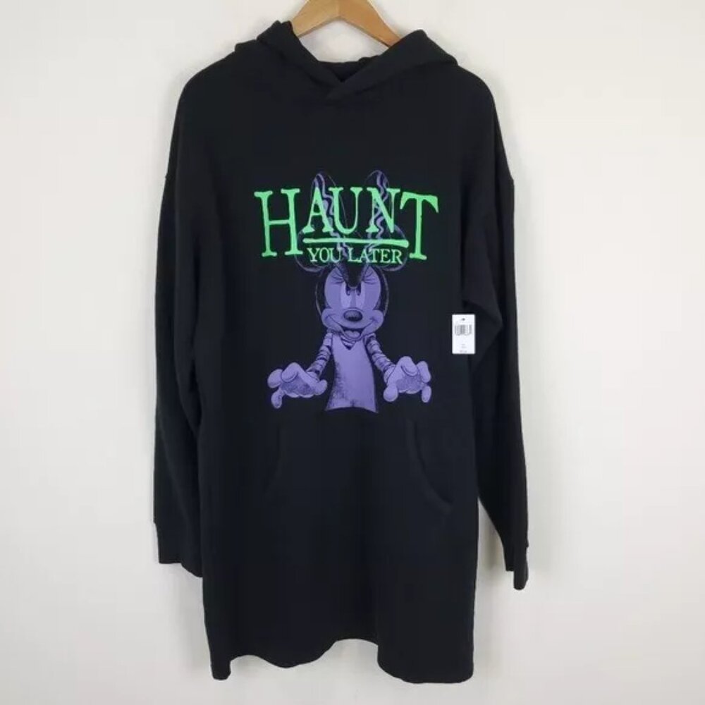 Disney Parks Minnie Mouse Haunt You Later Black Hoodie Tunic Dress size L NEW